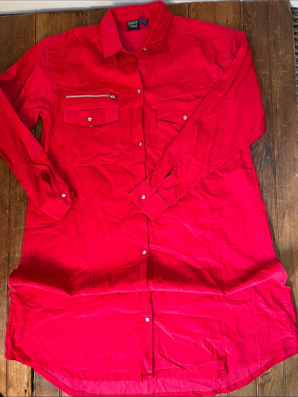 Vintage 80s Red Long-Sleeve Shirt Dress corduroy New NWOT